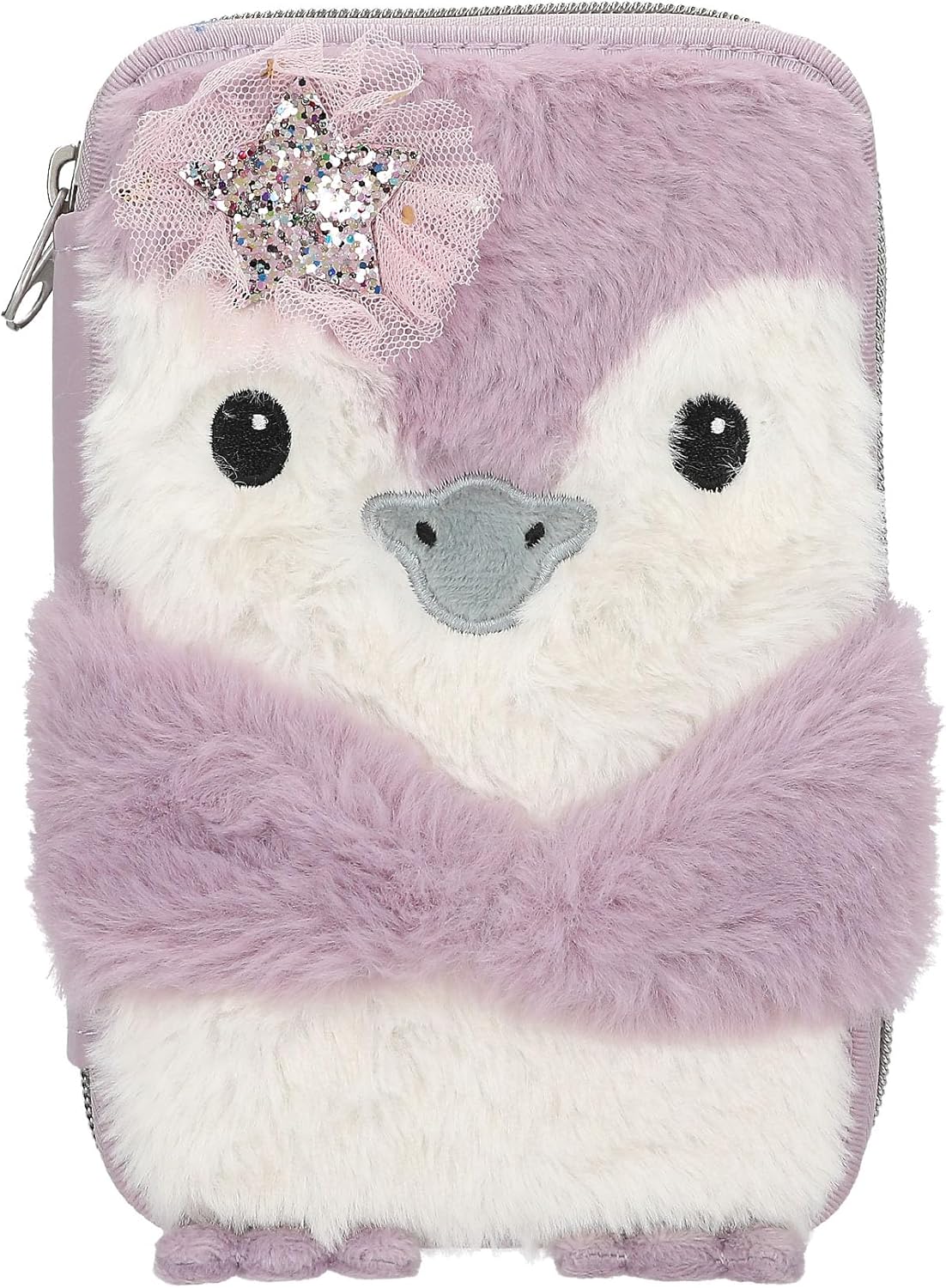 Depesche 13158 Princess Mimi Penguin - Filled 2-Compartment Pencil Case in Lilac and Cream with Penguin Motif and Plush Fur, Pencil Case with Colouring Pencils, Ruler, Scissors and much more