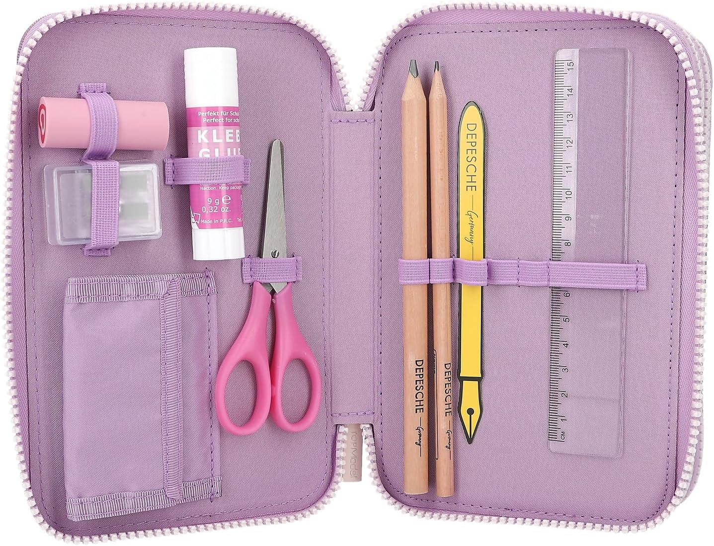 Depesche 12843 TOPModel - Filled 3-Compartment Pencil Case in Purple, with LED and Dog Motifs, Pencil Case with Colouring Pencils, Ruler, Scissors and Much More