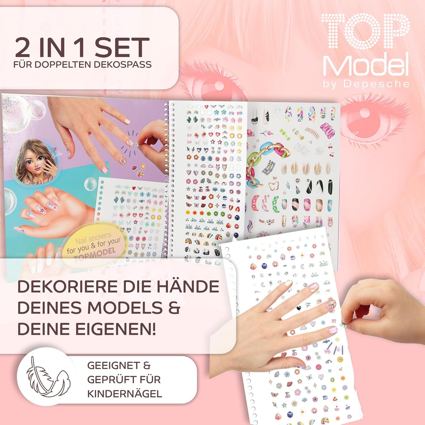 TOPModel Colouring Book with Sequins & Hand Designer Colouring Book: 40 Colouring Designs and Sticker Sheet for Cool Looks, 46 Pages for Creative Nail Designs, Includes Foil Stickers and Fingernail