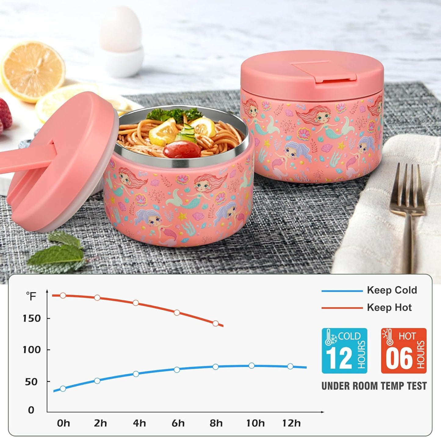 Itslife Thermal Food Container, 350 ml, Stainless Steel Warming Container, Children's Leak-proof Lunch Container with Buckle Cover, Wide Neck, Insulation, Suitable for Cold and Hot Food, Pink Mermaid