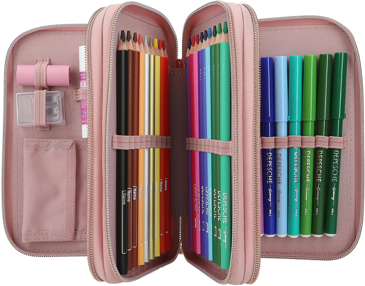 Depesche 11773 Miss Melody Romantic - Filled 3-Compartment Pencil Case in Pink with Horse Motif, Pencil Case with Coloured Pencils, Ruler, Scissors and much more