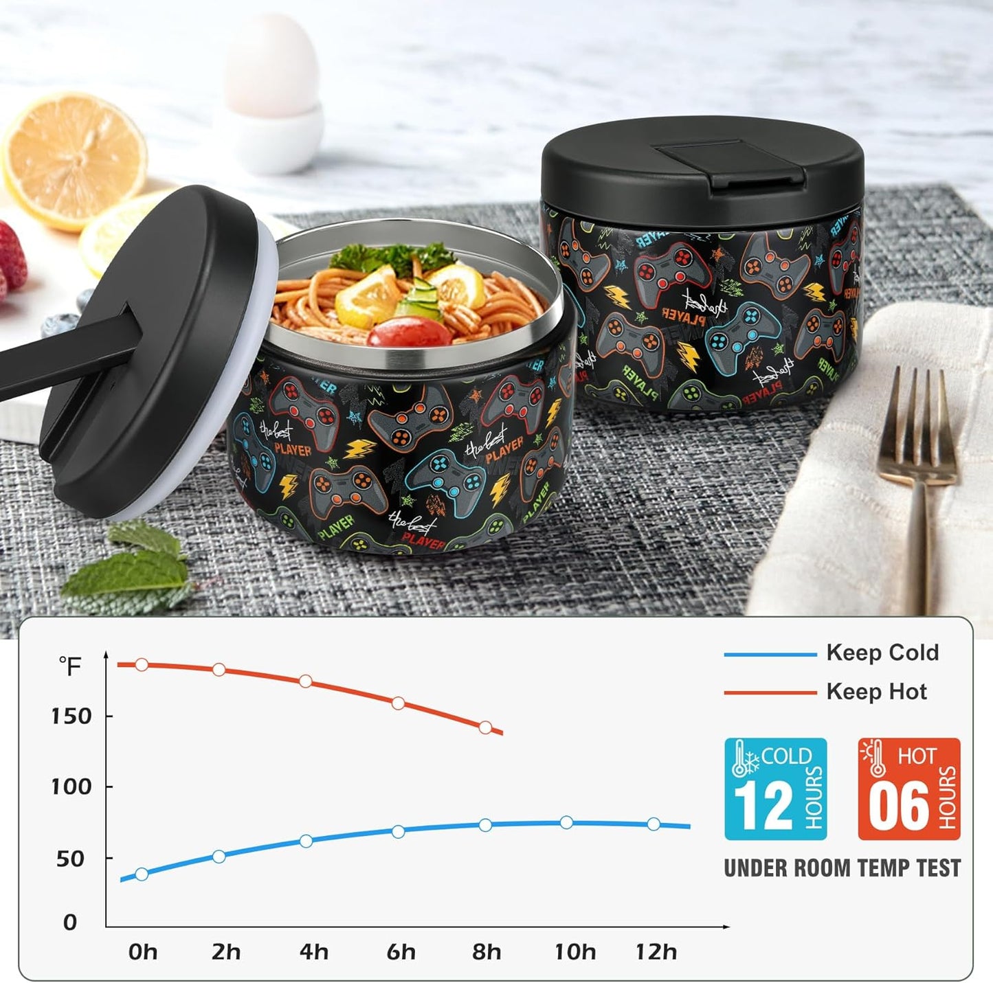 Itslife Thermal Food Container, 350 ml, Stainless Steel Warming Container, Children's Leak-proof Lunch Container with Buckle Cover, Wide Neck, Insulation, Suitable for Cold and Hot Food, Black Gamepad