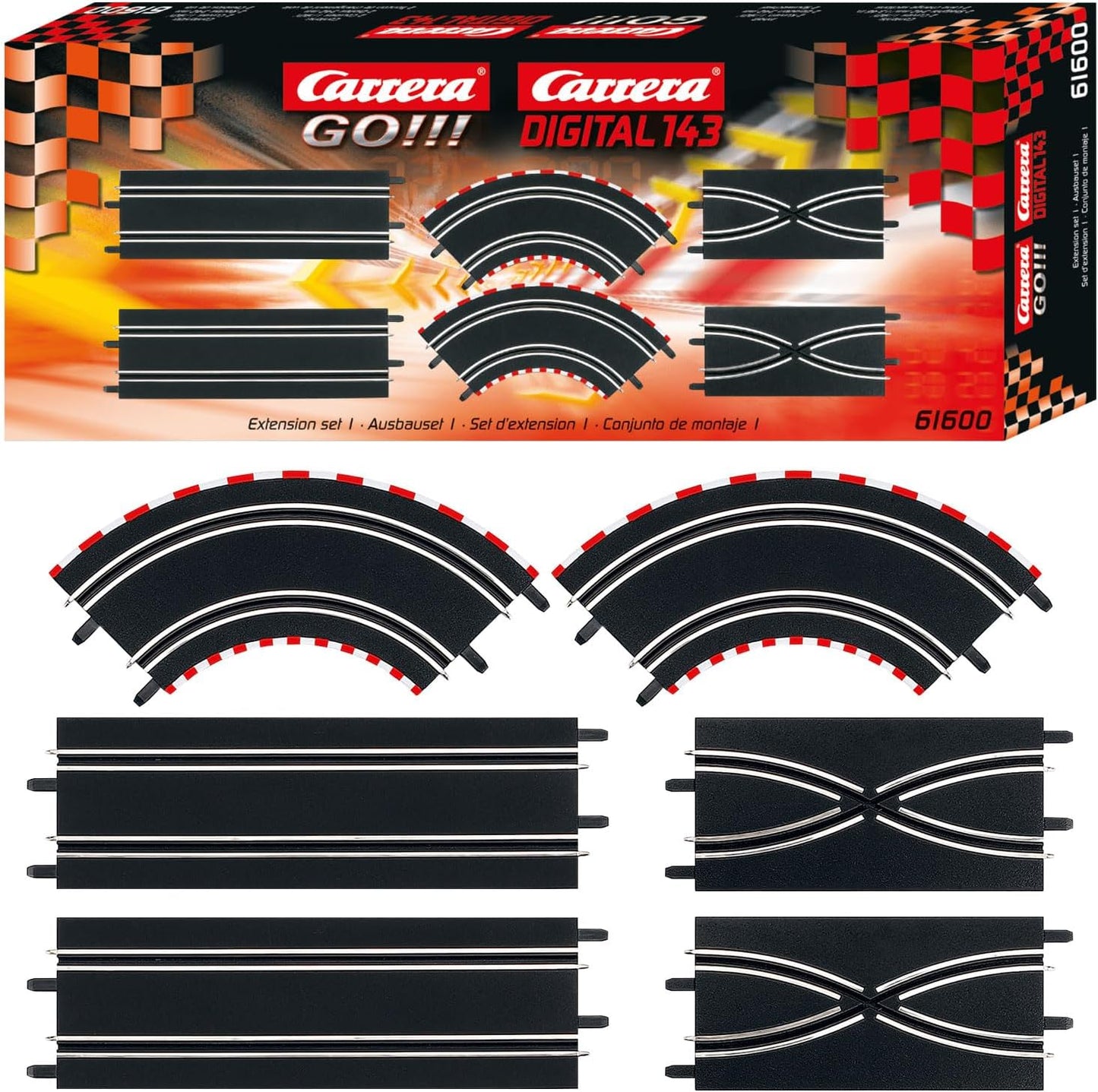 Carrera Extension Set 1, 6-Piece Extension for GO!!! Carrera Tracks, Compatible with Carrera GO!!! (Plus) & Digital 143, 2x Curves (1/90 Degrees), 2x Lane Change Tracks, 2x Straight Sections, 342 mm