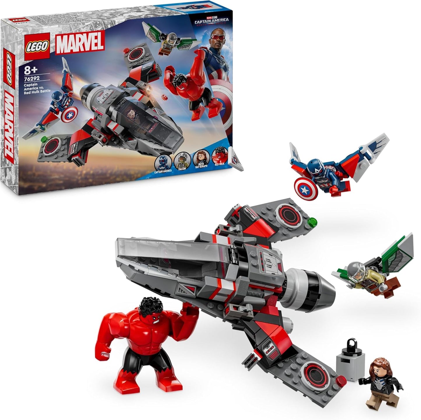 LEGO Marvel Showdown Between Captain America and Red Hulk, Gift for Children, Set with Buildable Jet, Superhero Toy for Boys and Girls from 8 Years, Adventure Building Toy 76292