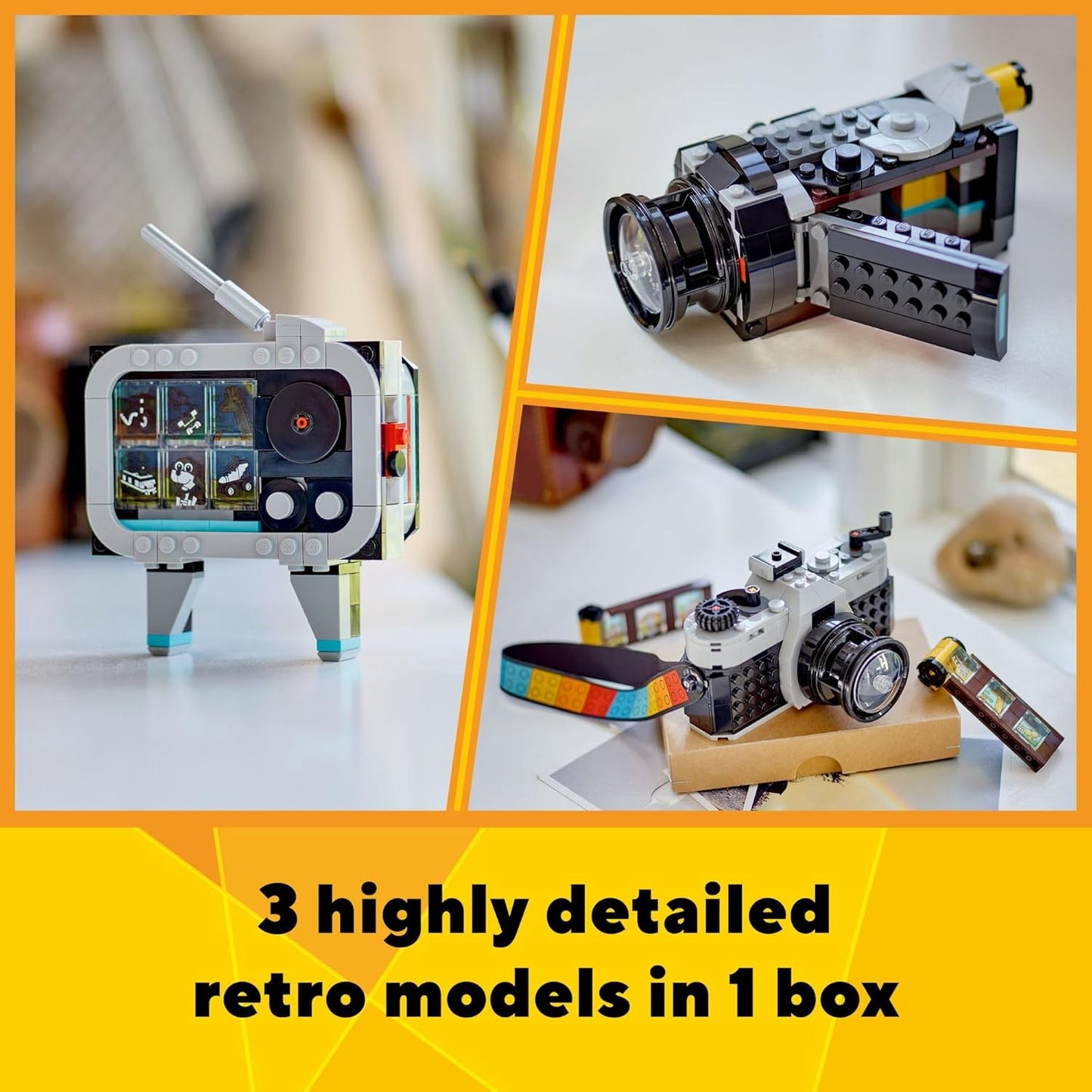 LEGO Creator 31147 3 in 1 Retro Camera Toy, Transforms from Toy Camera to Retro Video Camera to Retro TV Set, Photography Gift for Boys and Girls from 8 Years Old, Creative