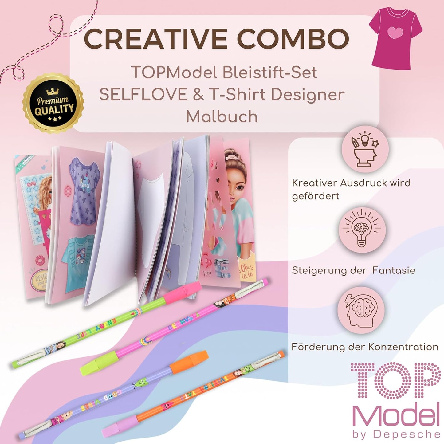 TOPModel Selflove Pencil Set with Eraser Topper and the TOPModel T-Shirt Designer Colouring Book - Your Perfect Duo for Creative Designs and Fashion Ideas