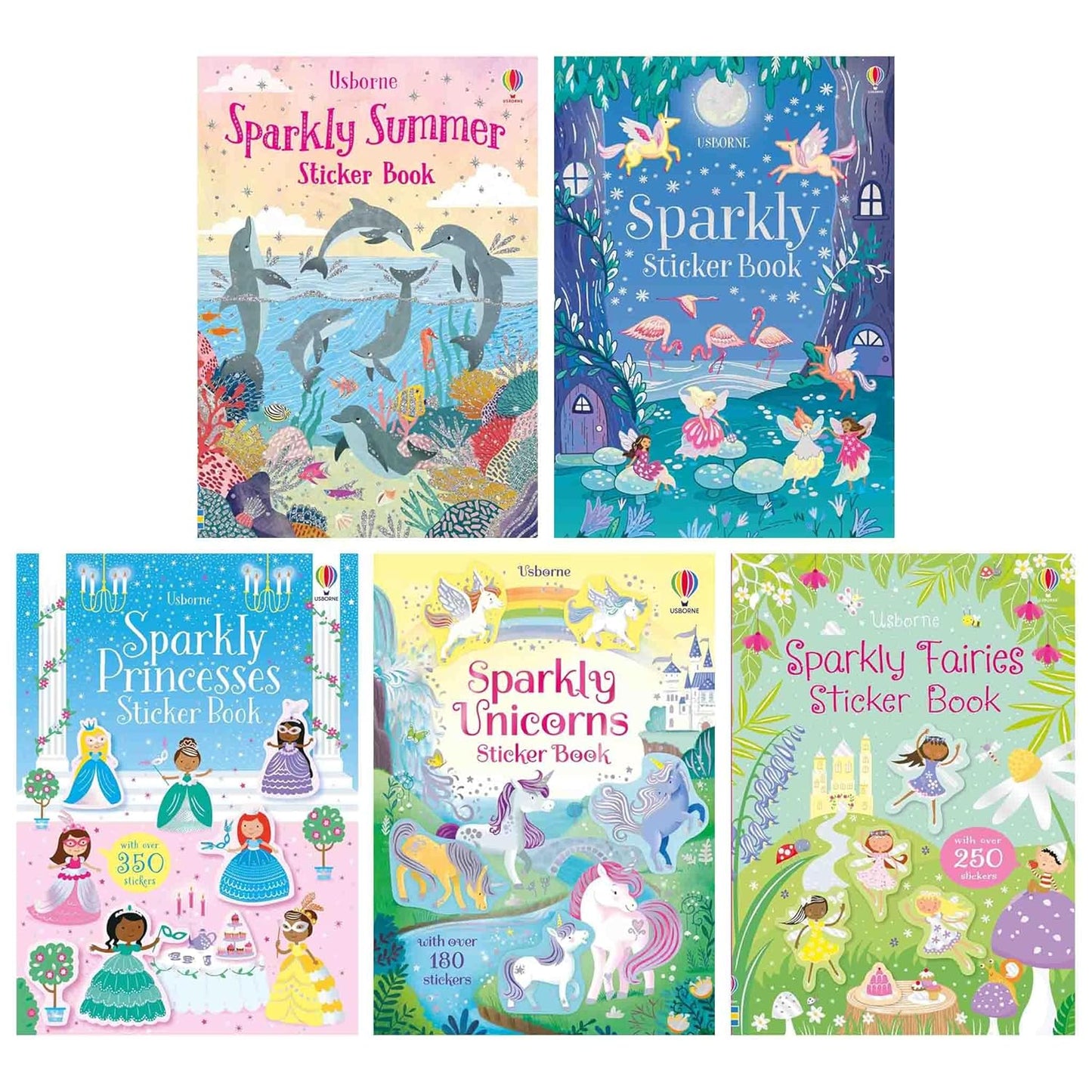 Usborne Sparkly Stickers 5 Books Collection Set (Sparkly Summer, Fairies, Unicorns, Princesses & Sparkly Sticker)