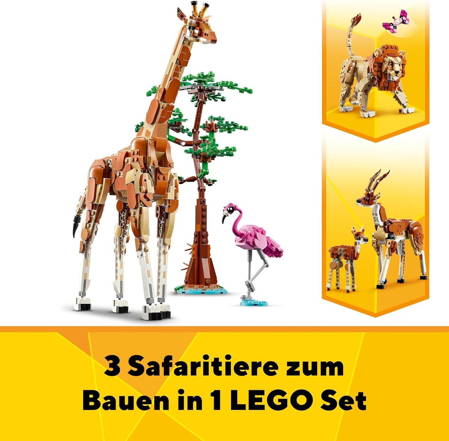 LEGO Creator 3-in-1 Animal Safari, Creative Set with Animal Figures, 3 Building Options: Toy Giraffe, Gazelles and Lion, Toy Animals for Girls and Boys, Nature Gift for Children from 9 Years 31150