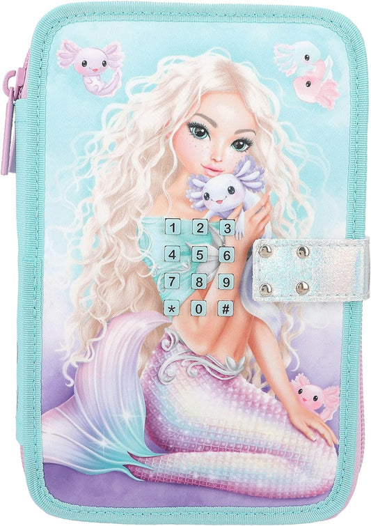 Depesche 12299 TOPModel Mermaid - Filled 2-Compartment Pencil Case in Turquoise and Purple, with Mermaid Motif and Code, Pencil Case with Colouring Pencils, Scissors, Ruler and much more