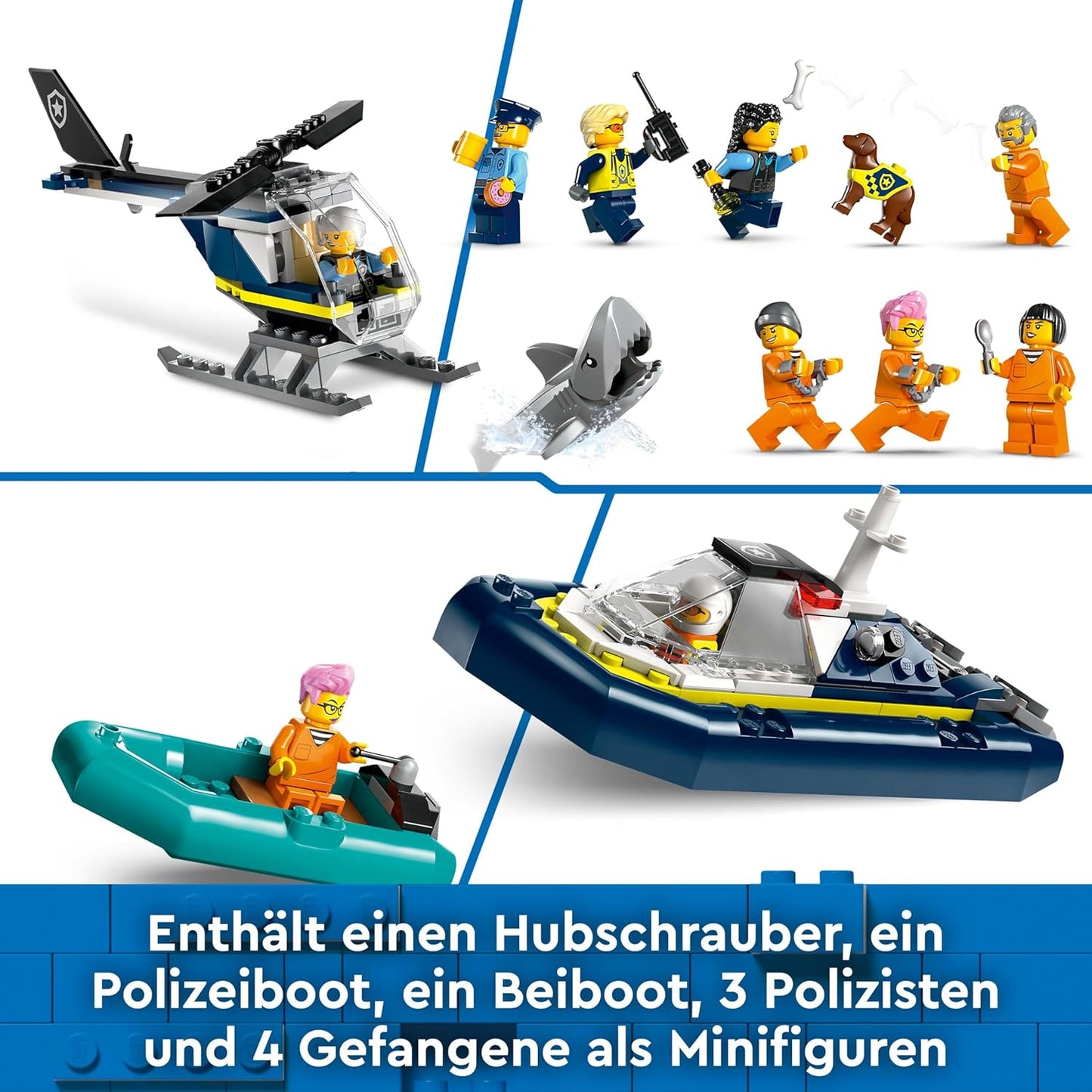 LEGO City Polizeistation auf der Gefängnisinsel, Polizei Spielzeug mit Hubschrauber, Boot und Hai, Set mit 7 Minifiguren und Hund, Geschenk zum Geburtstag für Jungen und Mädchen ab 7 Jahren 60419