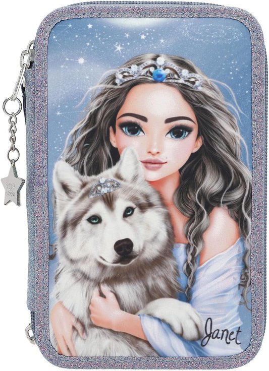 Depesche 13149 TOPModel Wolf-Filled 3-Compartment Pencil Case in Dark Blue, with Model Motif, Stars and Glitter, Pencil Case with Colouring Pencils, Ruler, Scissors and Much More, Blue