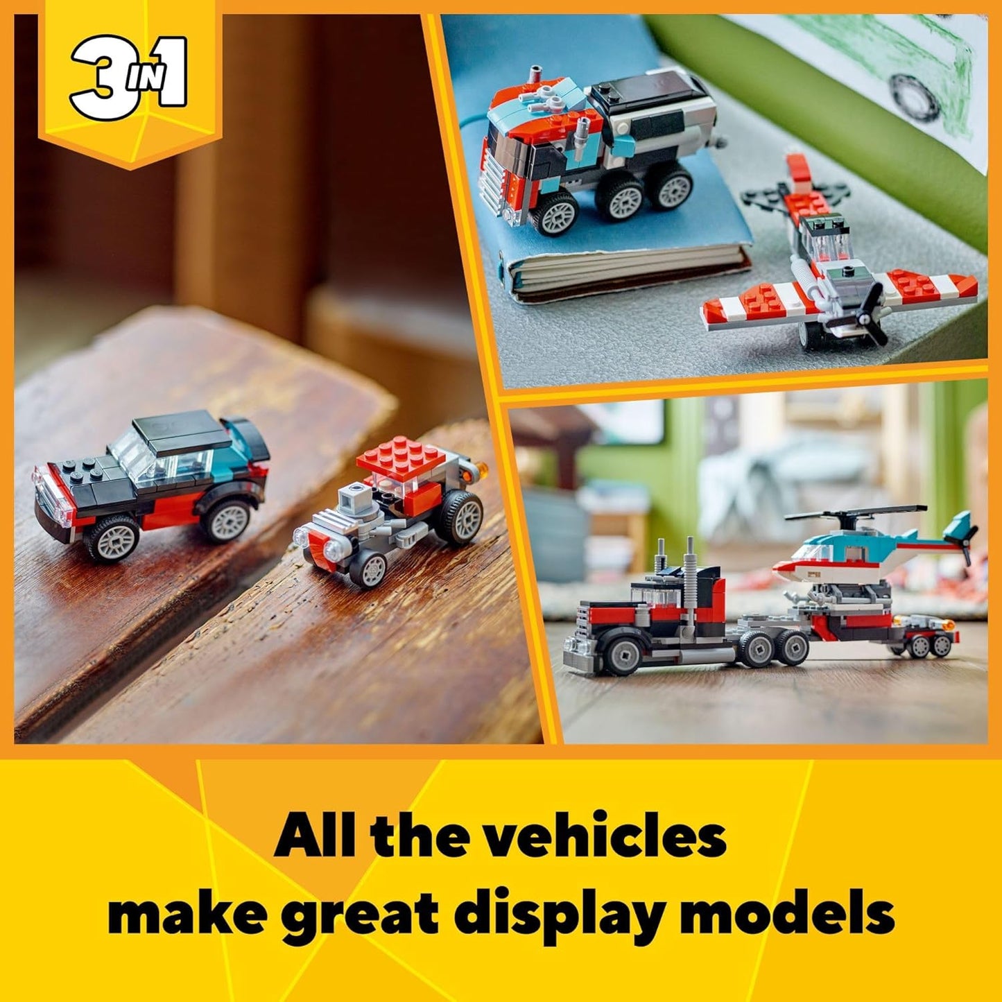 LEGO Creator 31146 3 in 1 Flatbed Truck with Helicopter Toy, Transforms from Flatbed Truck Toy to Propeller Plane to Hot Rod and SUV Car Toy, Gift Idea for Boys and