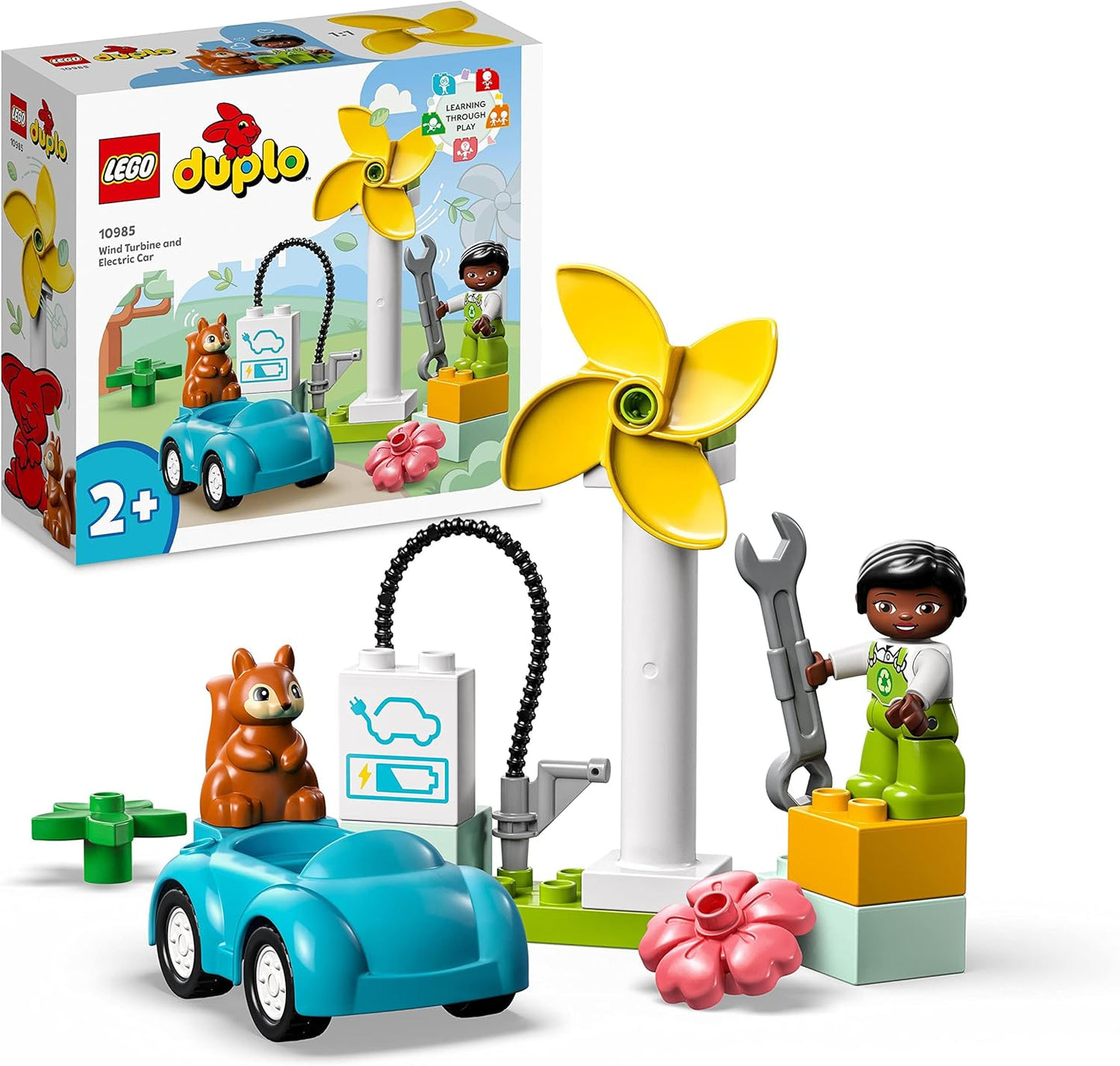 LEGO 10985 DUPLO Town Windmill and Electric Car, Toy Car Learning Toy for Girls and Boys from 2 Years, for Sustainable Play and the Development of Toddlers