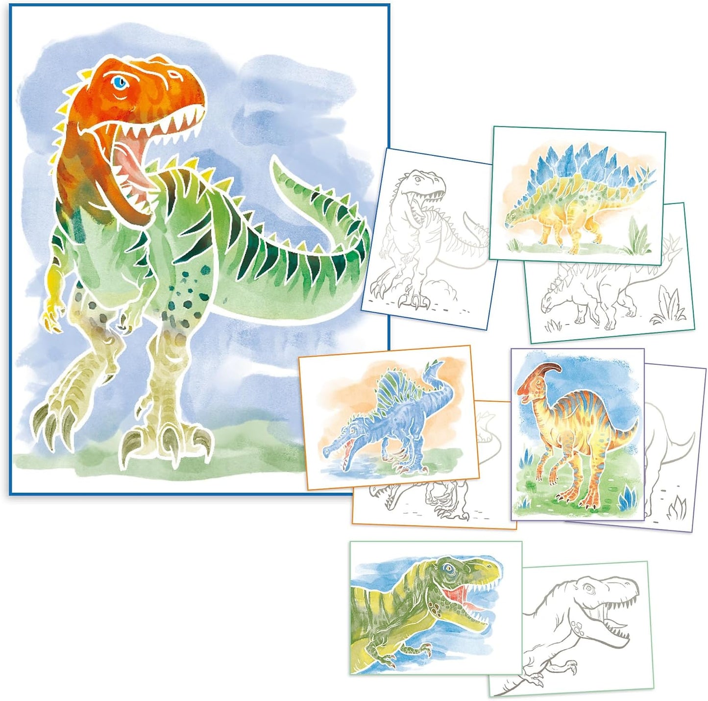 Depesche 12517 Dino World Colour Me Up Paper, Watercolour Paper with 10 Colouring Designs, Includes Brush and Watercolours