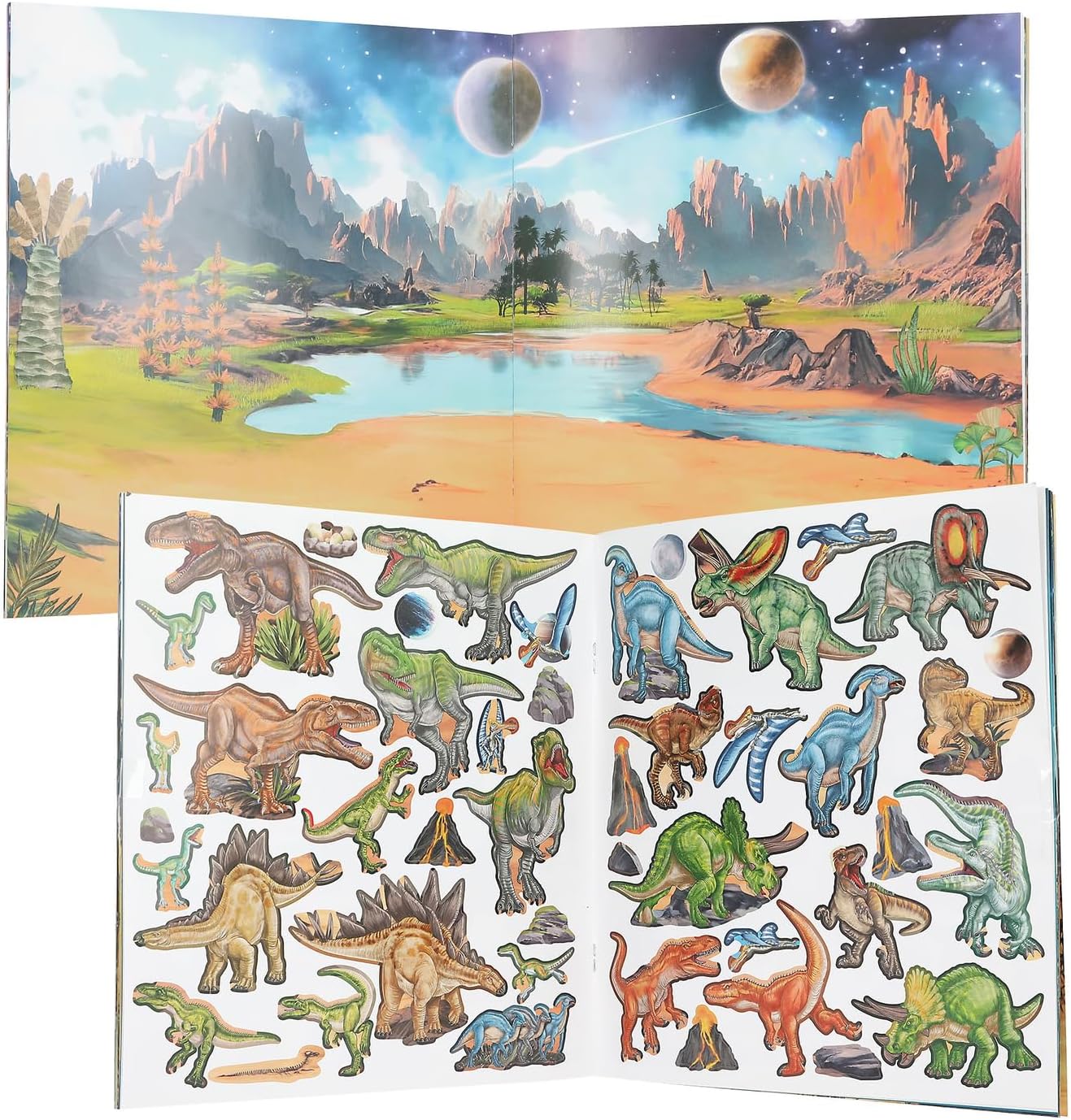 Depesche 13208 World Galaxy Sticker Book with 20 Pages to Design Cool Dino Motifs Includes 3 Double-Sided Stickers Multi-Coloured