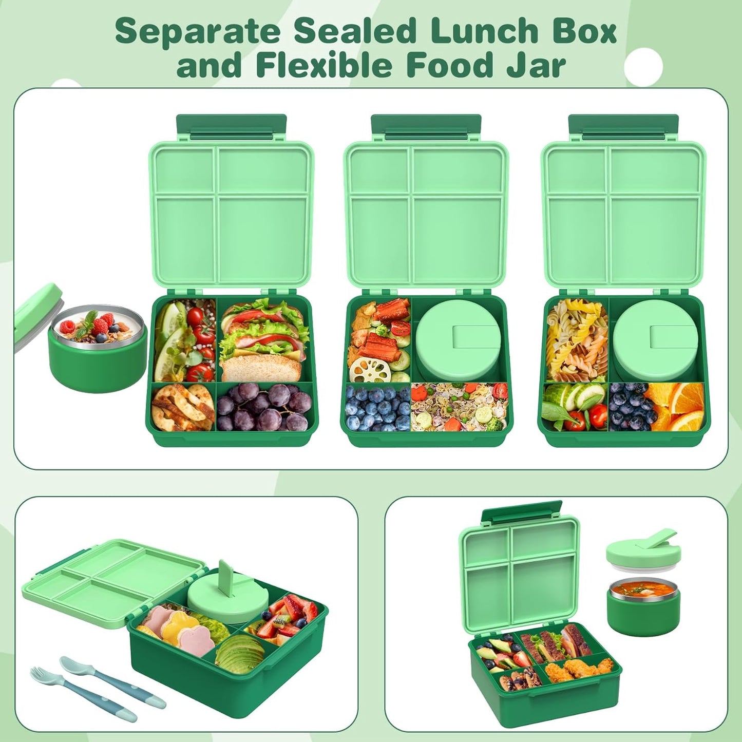 Children's Lunch Box Set with 300 ml Thermal Container for Food, Leak-Proof Lunch Box Children with 4 Compartments, Insulated Lunch Bag, BPA-Free Thermal Lunch Box Children, School, Excursions, Green