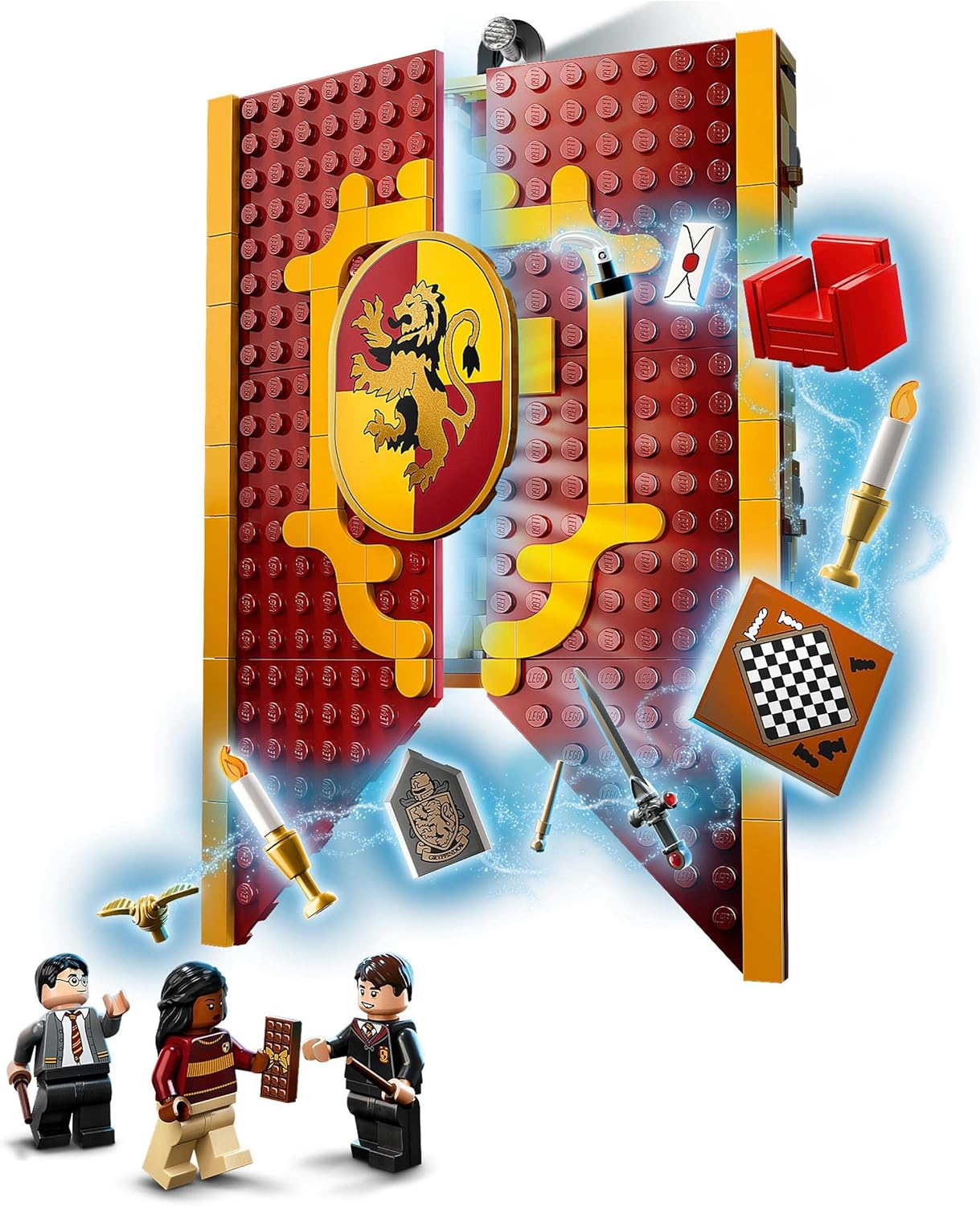 Lego 76409 Harry Potter house banner Gryffindor set, Hogwarts crest, castle common room toy or wall display, fold up travel toy, collectible with 3 mini figures.