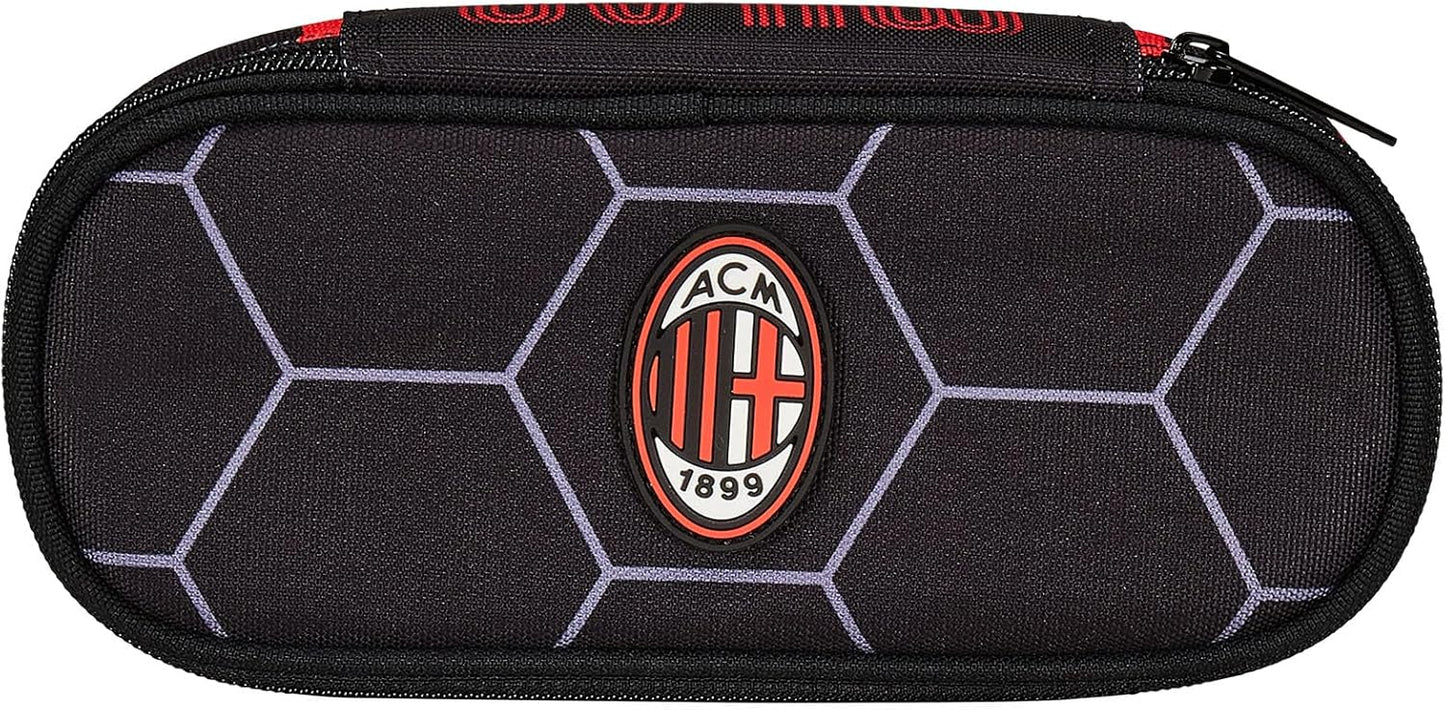 Seven Pencil Case School Round Plus - A.C. Milan Football - Path of Victory Black Red - Pencil Case for School with a Zip with Inner Organiser, Elastic Loops - Accessories, multicoloured, Modern