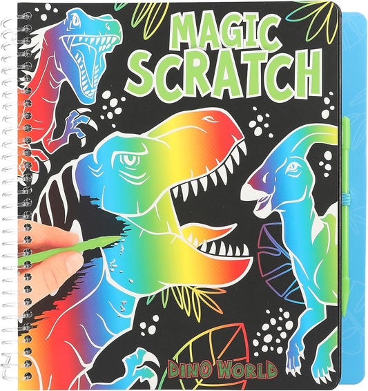 Depesche 12732 Dino World Magic Scratch Book with Cool Dinosaur Motifs for Scratching, Book with Colourful Gradient and Scratch Pen