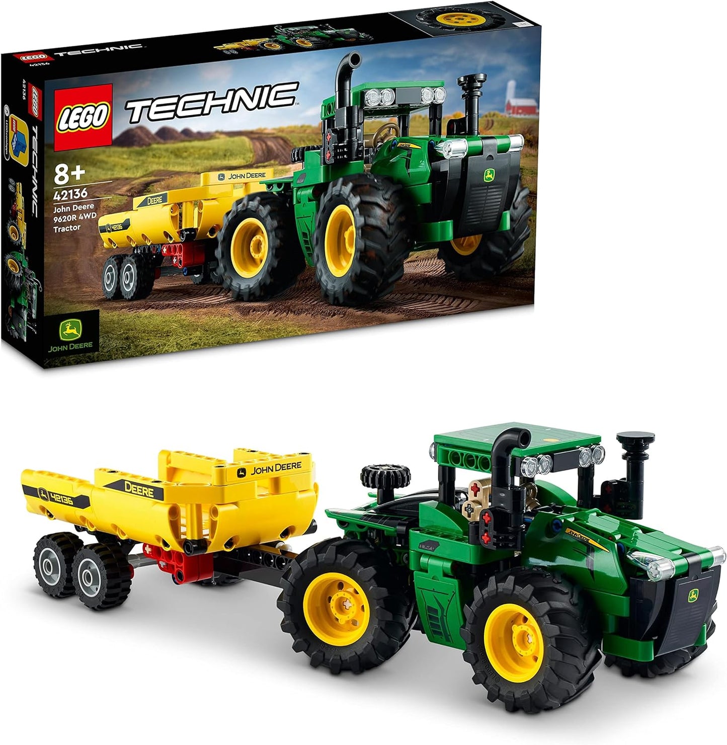 LEGO Technic John Deere 9620R 4WD Tractor with Tilting Trailer, Classic Farm Toy for Children, Boys and Girls from 8 Years, Collector's Model Kit 42136