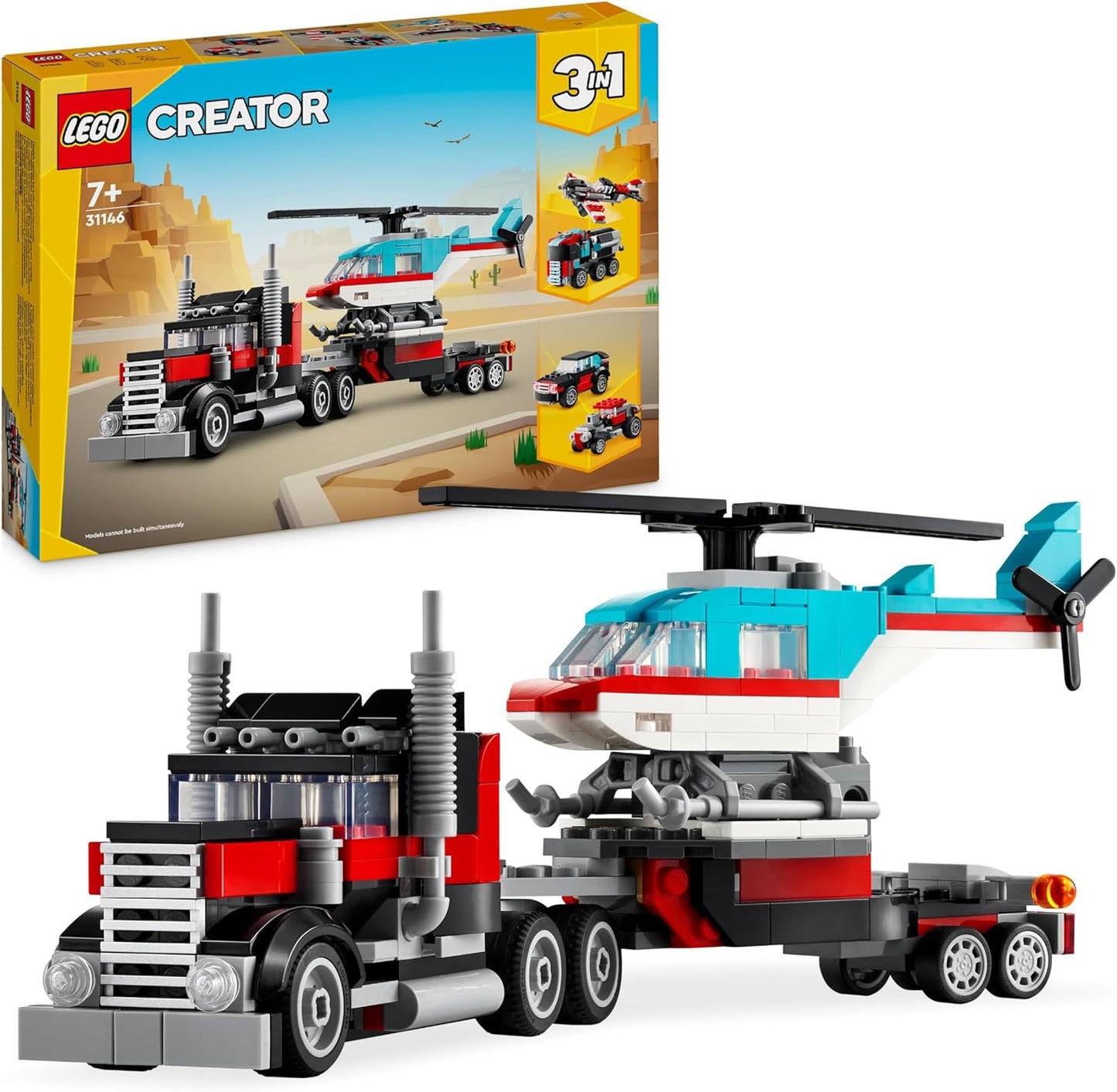 LEGO Creator 3-in-1 Low Loader with Helicopter, Vehicle Set with Helicopter and Truck Toy, Plane and Tank Truck, Hot Rod and SUV, Gift for 7 Year-Old Boys and Girls, 31146