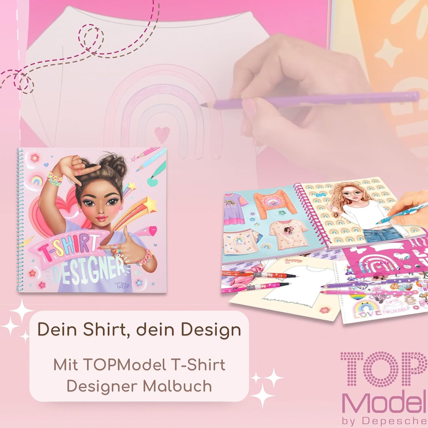 TOPModel Selflove Pencil Set with Eraser Topper and the TOPModel T-Shirt Designer Colouring Book - Your Perfect Duo for Creative Designs and Fashion Ideas