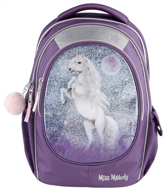 Depesche 10776 Miss Melody School Backpack with Horse Motif, Purple School Satchel, Approx. 44 x 34 x 24 cm, 19.6 Litres/980 g, Many Compartments, Back Vented and Padded, Adjustable Straps