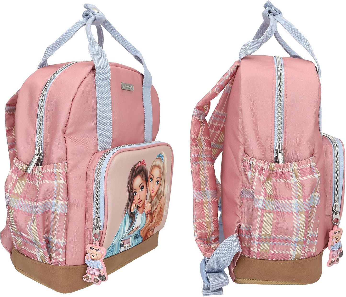 Depesche 13012 TOPModel Team Teddy Backpack in Pink, Beige and Blue, with Model Motif and Pendant, Bag with Adjustable Straps and Thermal Compartment