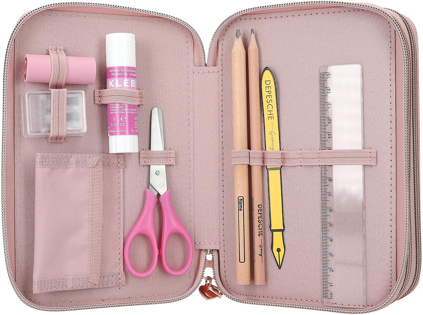 Depesche 11773 Miss Melody Romantic - Filled 3-Compartment Pencil Case in Pink with Horse Motif, Pencil Case with Coloured Pencils, Ruler, Scissors and much more