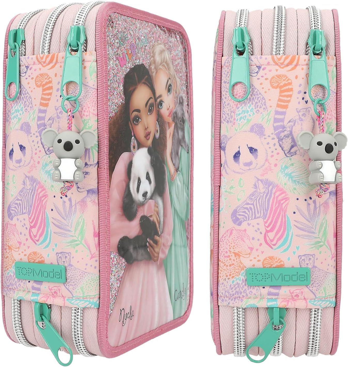 Depesche 12785 TOPModel Wild-Filled 3-Compartment Pencil Case in Pink, with Model Motif and Colourful Animal Pattern, Pencil Case with Colouring Pencils, Ruler, Scissors etc