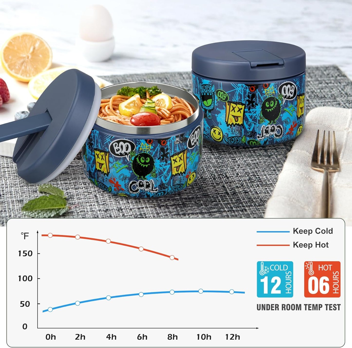 Itslife Thermal Food Container, 350 ml, Stainless Steel Warming Container, Children's Leak-proof Lunch Container with Buckle Cover, Wide Neck, Insulation, Suitable for Cold and Hot Food, Blue Monster