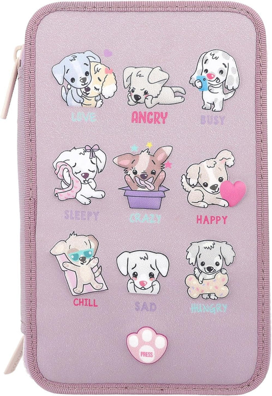 Depesche 12843 TOPModel - Filled 3-Compartment Pencil Case in Purple, with LED and Dog Motifs, Pencil Case with Colouring Pencils, Ruler, Scissors and Much More