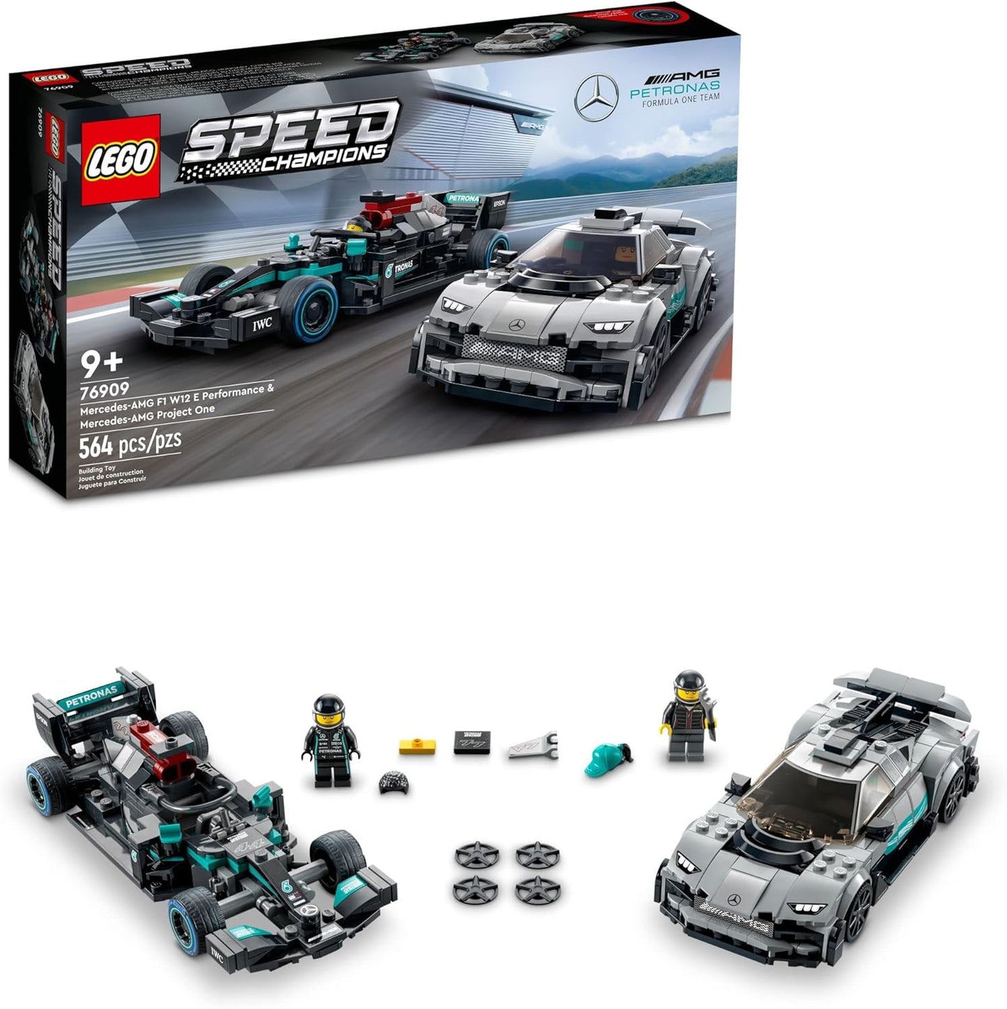 LEGO Speed Champions Mercedes-AMG F1 W12 E Performance & Mercedes-AMG Project One 76909 Building Kit; for Age 9+ (Pack of 564)