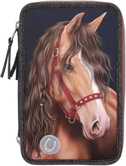 Depesche 13190 Miss Melody Glitter Horse-Filled 3-Compartment Pencil Case in Dark Blue, with Horse Motif, Glitter and LED Lights, Pencil Case with Colouring Pencils, Ruler, Scissors and Much More,