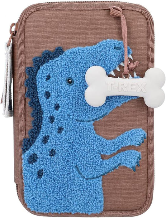 Depesche 12008 World Mini Filled 2-Compartment Pencil Case in Blue with Dino Motif Made of Terry Cloth and Bone Pendant, Pencil Case with Coloured Pencils, Ruler, Scissors etc, brown/blue, Animal