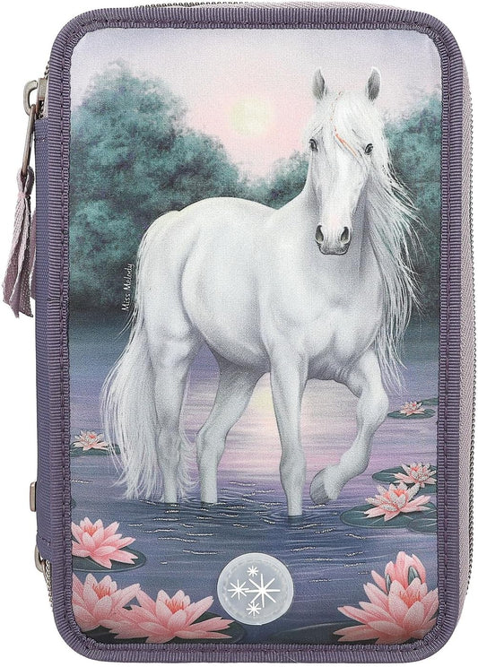 Depesche 12947 Miss Melody - Filled 3-Compartment Pencil Case in Purple, with LED, Water Lilies and Horse Motif, Pencil Case with Colouring Pencils, Ruler, Scissors and much more