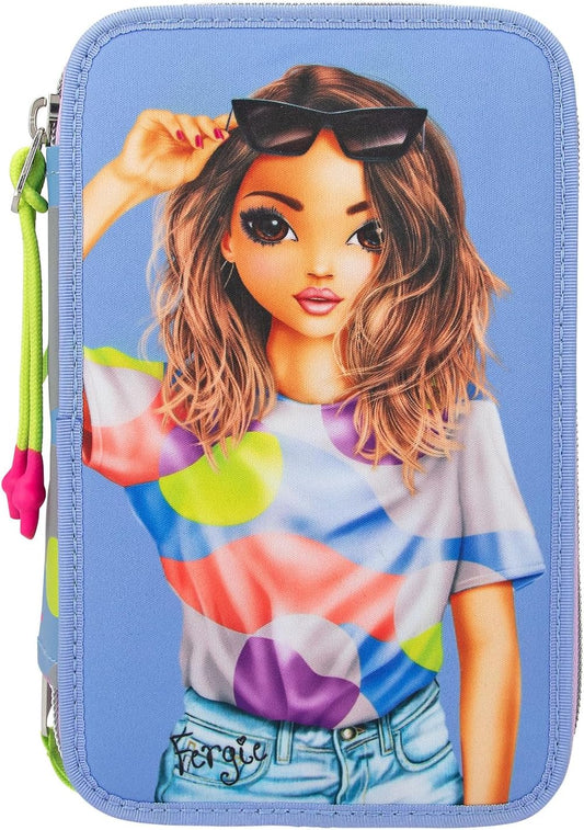 Depesche 12749 TOPModel Flash - Filled 3-Compartment Pencil Case with Model Motif and Colourful Graphic Pattern Made of Reflector Material, Pencil Case with Colouring Pencils, Ruler, Scissors and Much