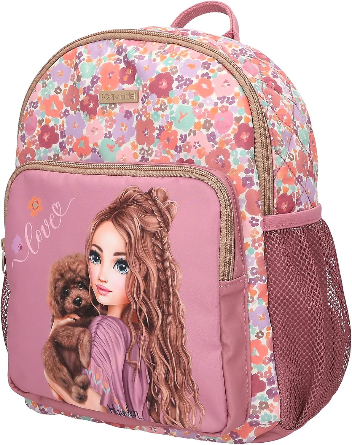 Depesche 13058 TOPModel Floral Backpack in Dark Pink with Model Motif and Floral Pattern, Bag with Adjustable Straps