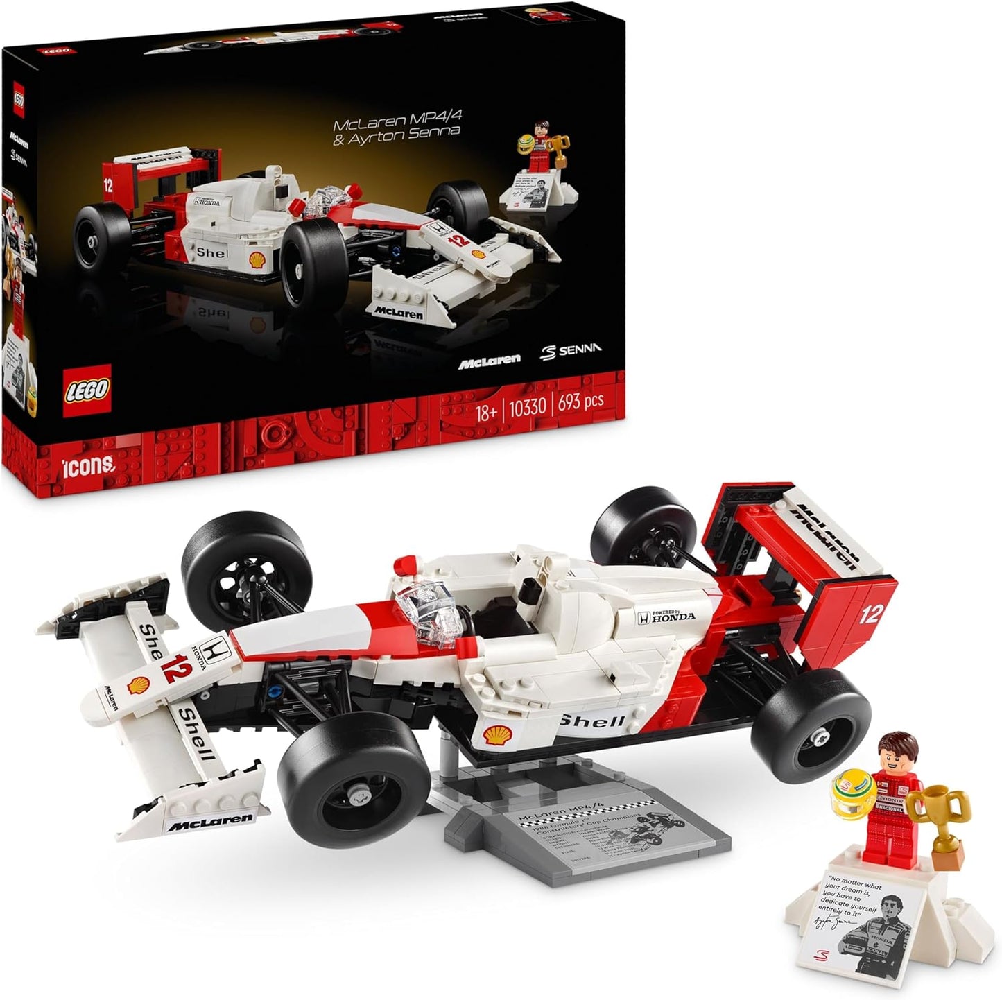 LEGO Icons McLaren MP4/4 & Ayrton Senna Model Car Set, F1 Racing Car Kit for Adults with Racer Mini Figure, Collectable, Birthday Gift Idea for Men, Women, Him & Her 10330