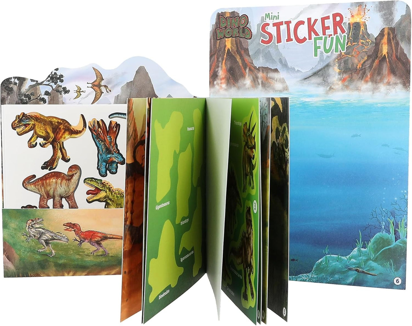 Depesche 12467 Dino World Mini Sticker Fun Sticker Book with 12 Background Pages to Design Yourself Includes 6 Sheets of Stickers