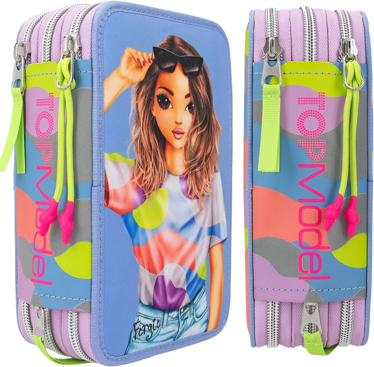 Depesche 12749 TOPModel Flash - Filled 3-Compartment Pencil Case with Model Motif and Colourful Graphic Pattern Made of Reflector Material, Pencil Case with Colouring Pencils, Ruler, Scissors and Much