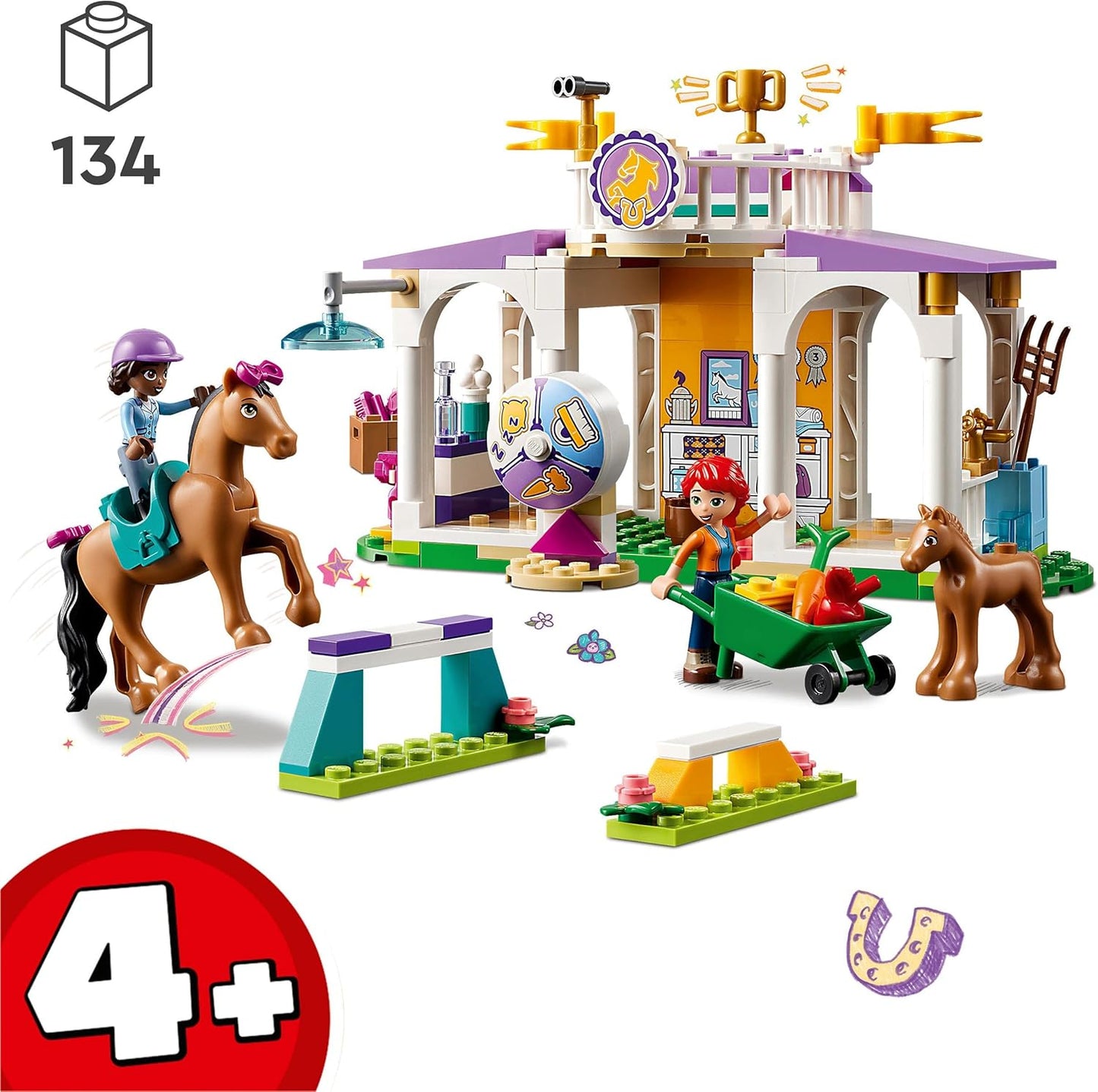 LEGO 41746 Friends Riding School Set with 2 Toy Horses, Aliya and Mia Mini Dolls, Riding Stable and Horse Toy, Animal Care Gift for Children, Girls and Boys from 4 Years