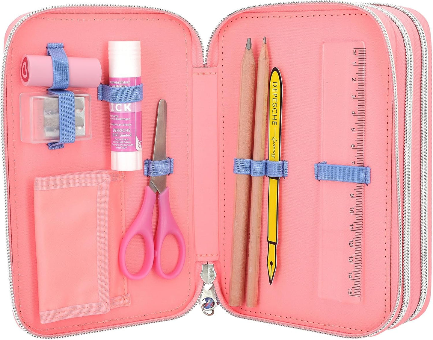 Depesche TOPModel 12950 Filled 3-Compartment Pencil Case in Pink, with Model Motif and Reversible Sequins, Pencil Case with Colouring Pencils, Ruler, Scissors and much more