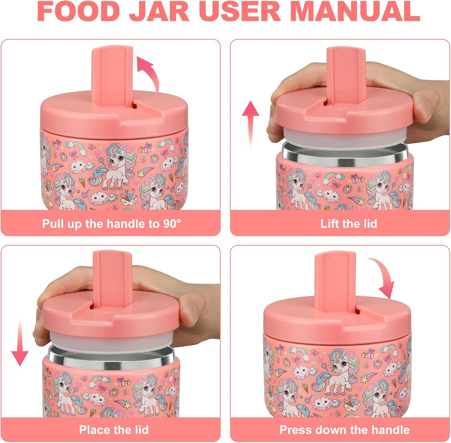 Itslife Thermal Food Container, 350 ml, Stainless Steel Warming Container, Children's Leak-proof Lunch Container with Buckle Cover, Wide Neck, Insulation, Suitable for Cold and Hot Food, Pink Unicorn