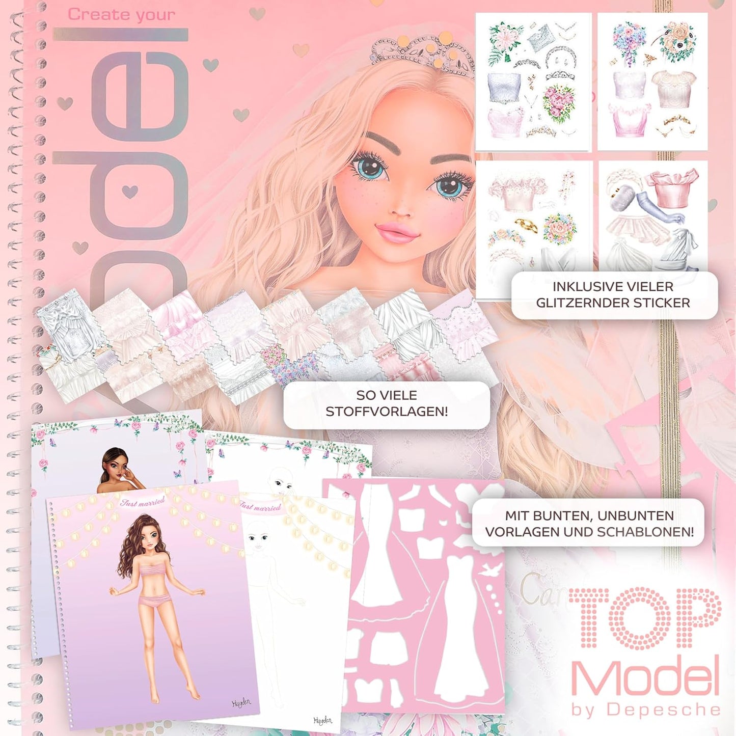 TOPModel Colouring Book with Sequins & Create Your Wedding Special: 40 Stylish Designs to Colour with Stickers, Plus 60 Pages Wedding Designs with Stencils, 4 Sticker Sheets and Printed Fabric