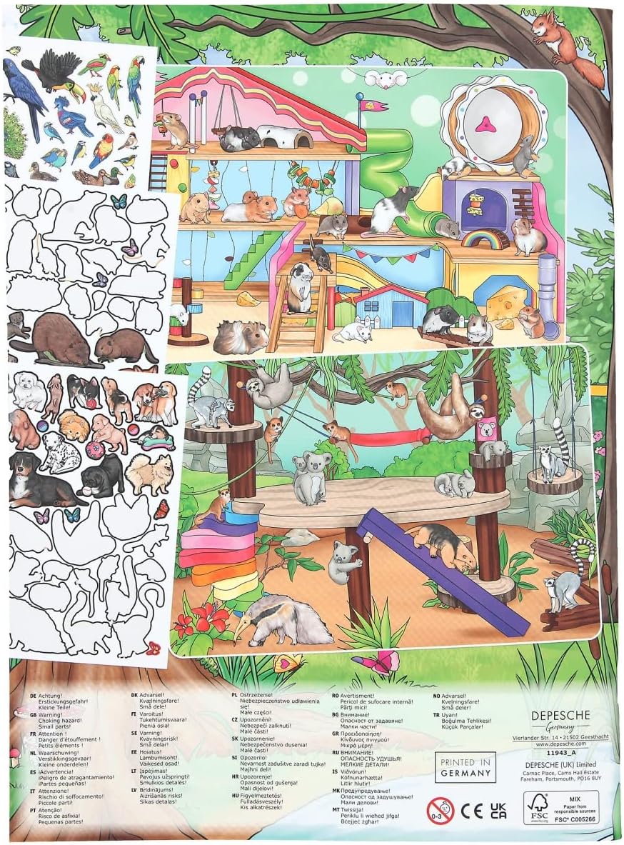 Depesche 11943 Create Your Animal World Colouring and Sticker Book with 24 Beautiful Motifs from the Animal World to Design and Stick, Includes 2 Sticker Sheets with Numerous Animal Stickers