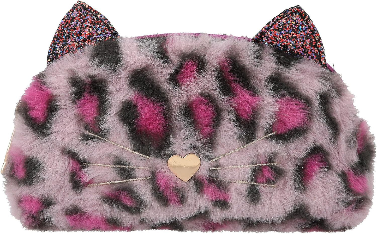 Depesche TOPModel Rebel Kitty 13018 Pencil Case Plush Fur in Purple with Leo Look and Glitter Pencil Case with Cat Ears and Heart Nose