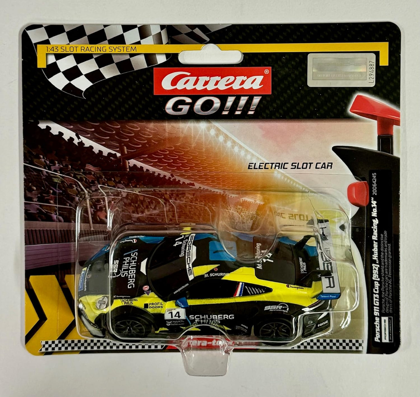 Carrera - 20064245 GO!!! Porsche 992 GT3 Cup Huber Racing, No.14 | Scale 1:43 Slot Car | Compatible with GO!!!, GO!!! Plus & Battery Operated | Authentic Designs