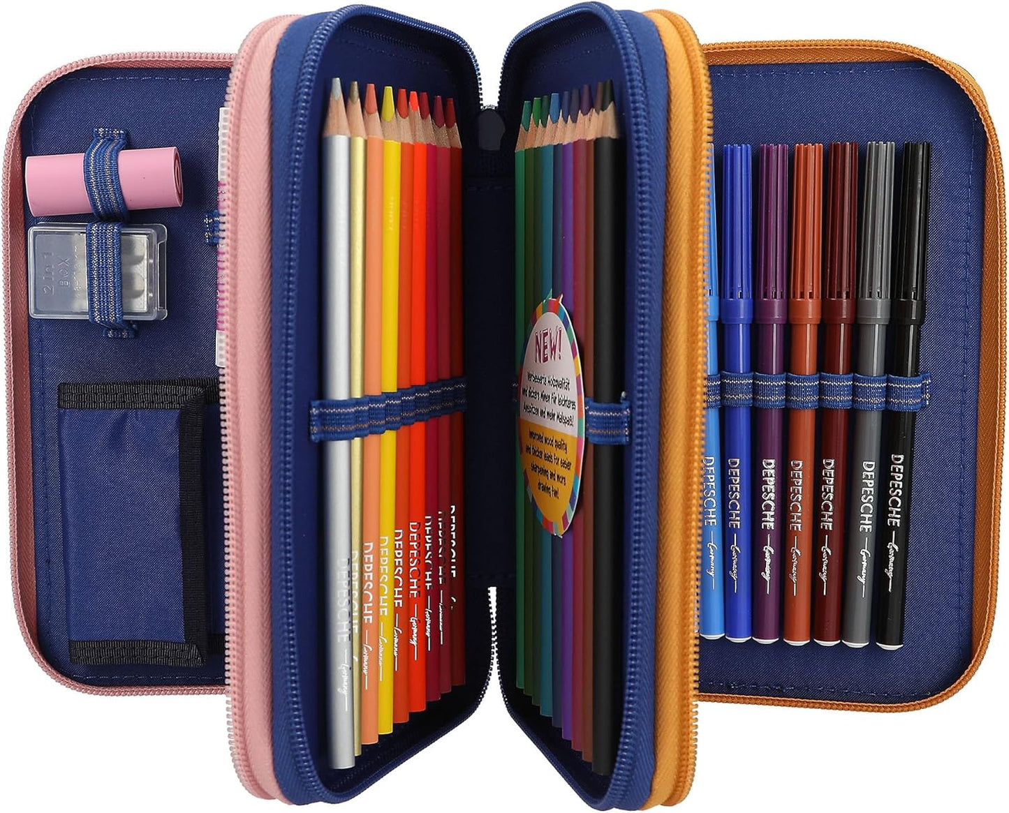 Depesche 12560 TOPModel City Girls Filled 3-Compartment Pencil Case Printed with a Skyline Motif, Pencil Case with Coloured Pencils, Ruler, Scissors and Much More