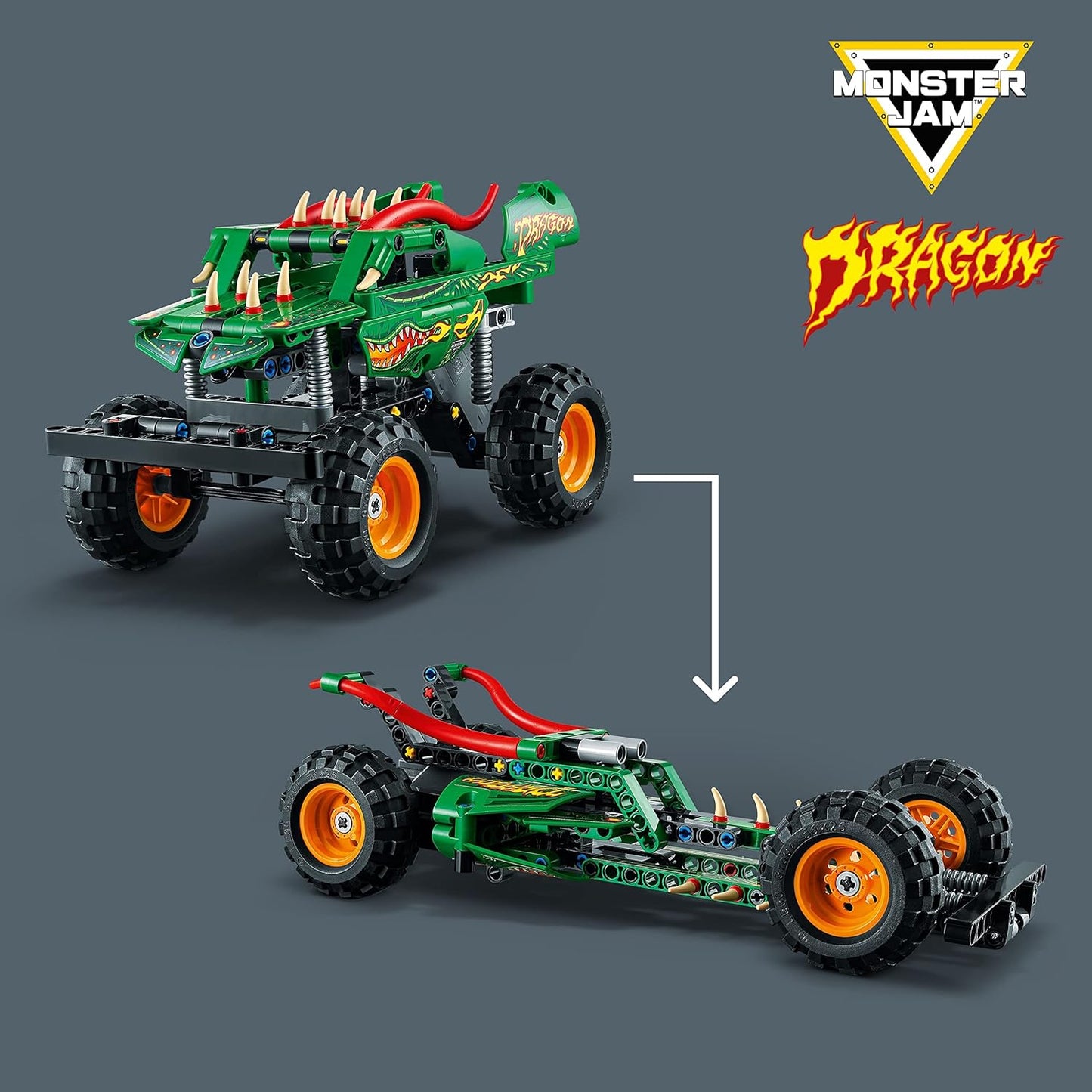 LEGO Technic Monster Jam Dragon Monster Truck Toy for Boys and Girls, 2-in-1 Racing Car Toy for Off-Road Stunts, Kids Birthday Gift Idea, Great Activity for Kids, 42149